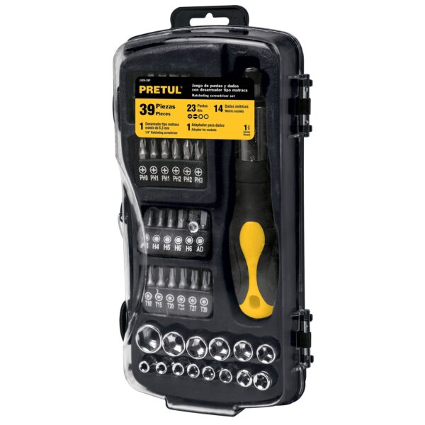 Set de copas y puntas con desarmador tipo rach, 39 pzas