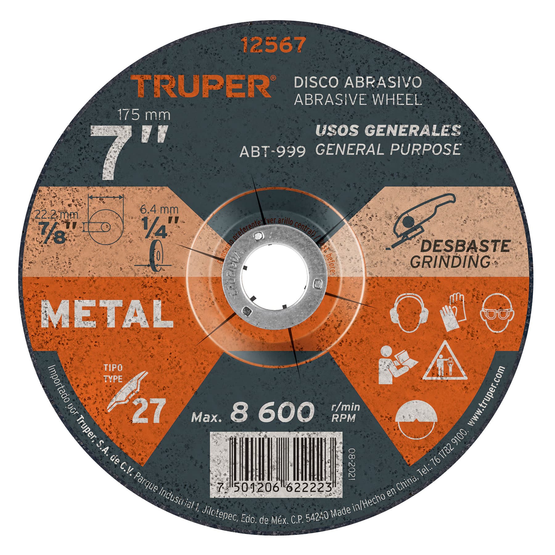 Disco Tipo 27 de 7" x 6.4 mm para desbaste de metal Truper