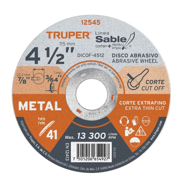 Disco Tipo 41 de 4-1/2" x 1 mm corte fino de metal Sable