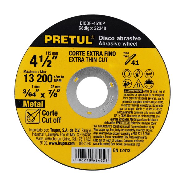 Disco Tipo 41 de 4-1/2" x 1 mm corte fino de metal Pretul