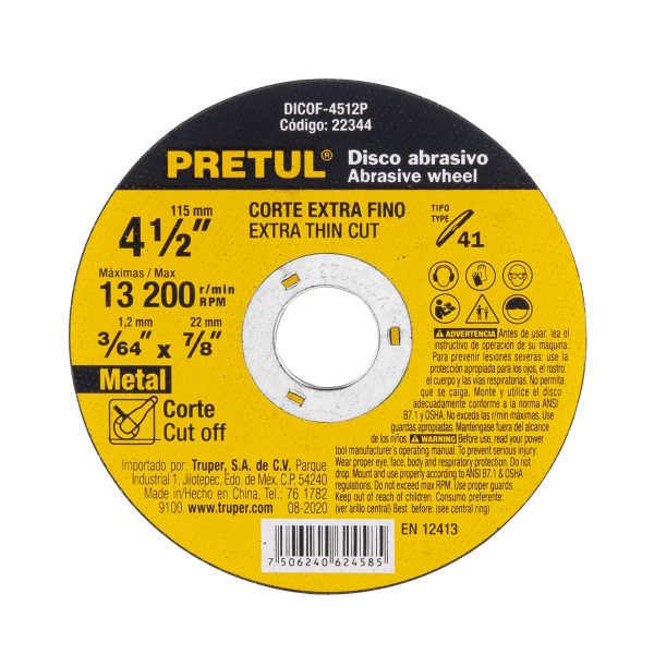 Disco Tipo 41 de 4-1/2" x 1.2 mm corte fino de metal Pretul