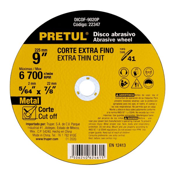 Disco Tipo 41 de 9" x 2 mm corte fino de metal Pretul