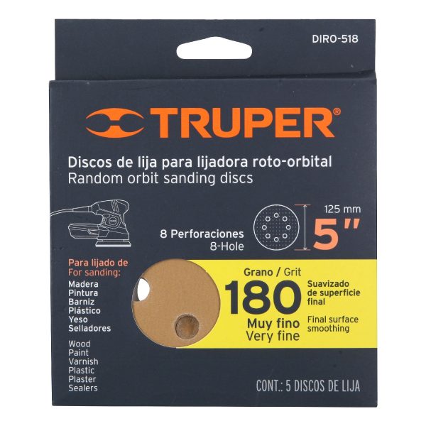 Caja con 5 discos de lija 5" grano 180 lijadora roto-orbital
