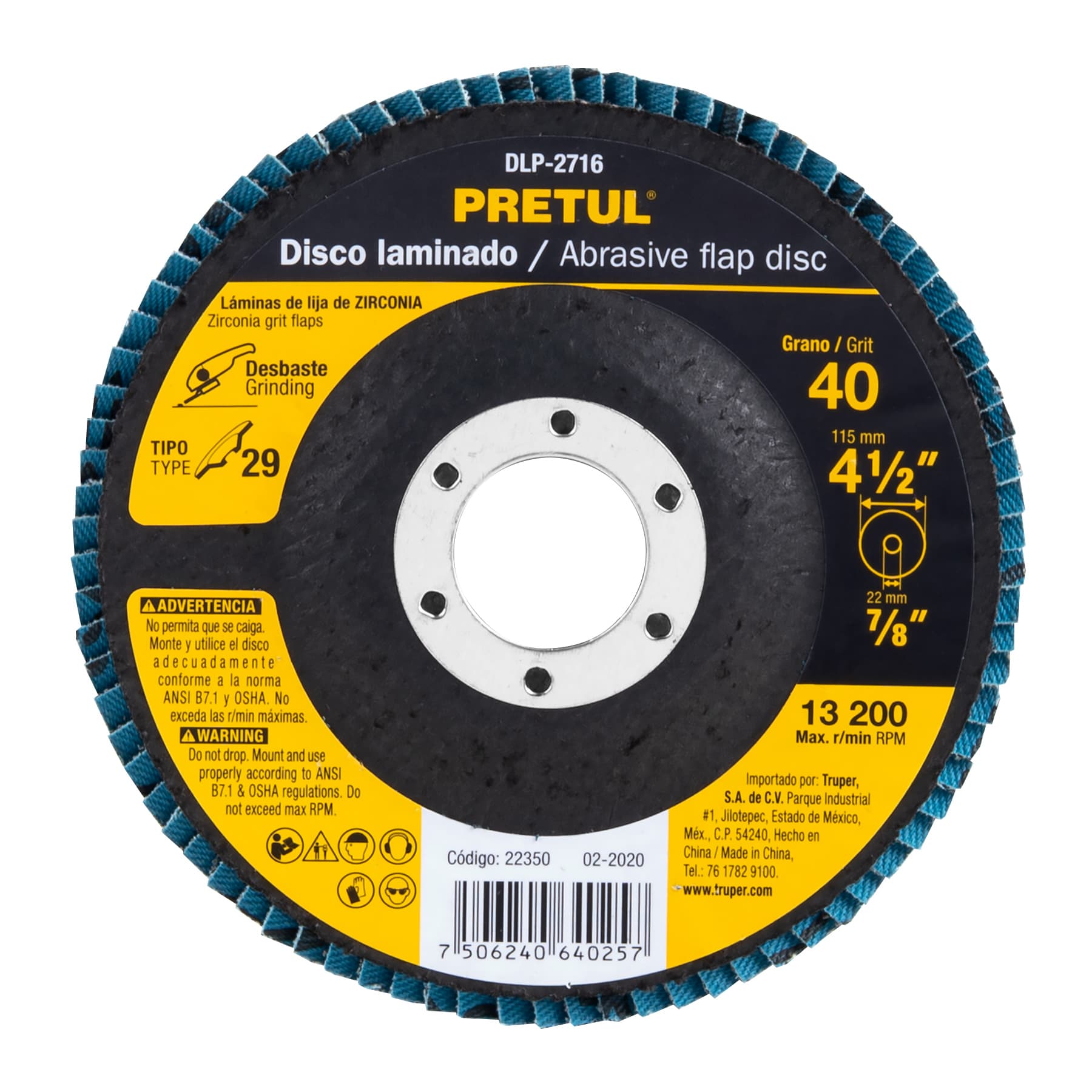 Disco 4-1/2" laminado grano 40 centro 7/8" Pretul