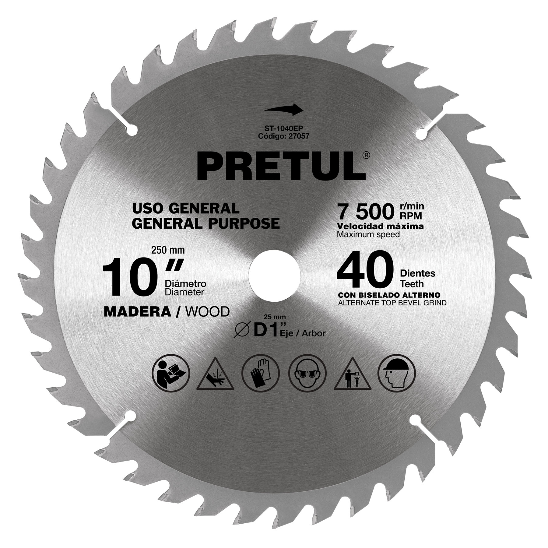 Disco sierra 10" para madera 40 dientes centro 1" Pretul