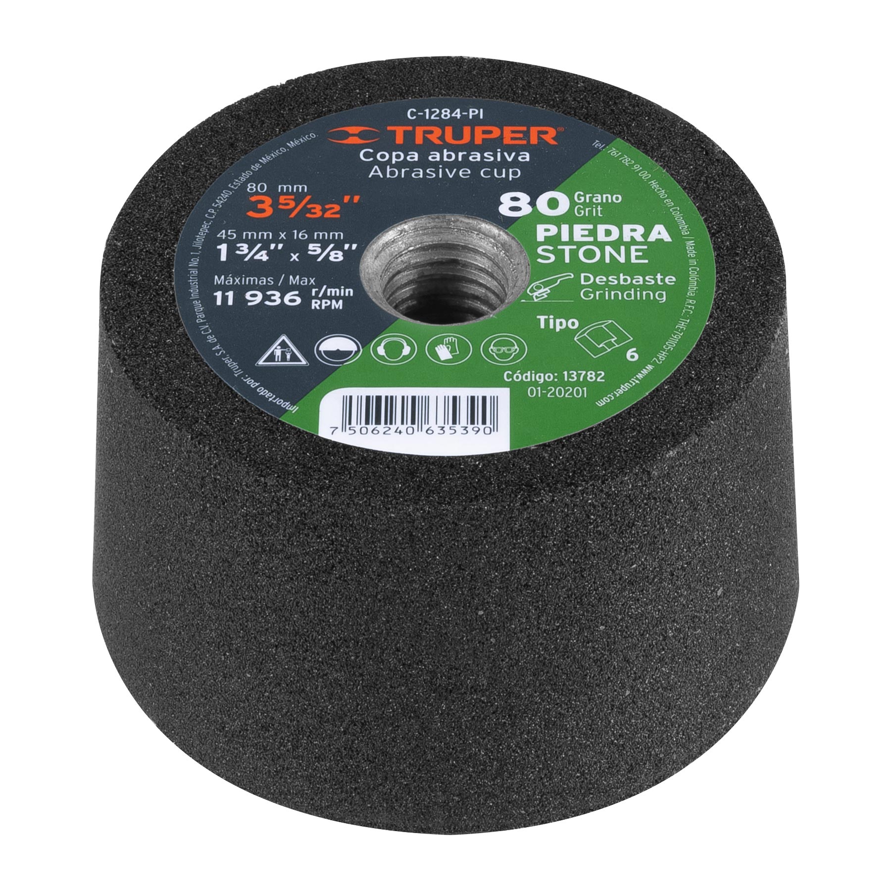 Copa desbaste de piedra 3-5/32" grano 80 eje 5/8-11 Truper