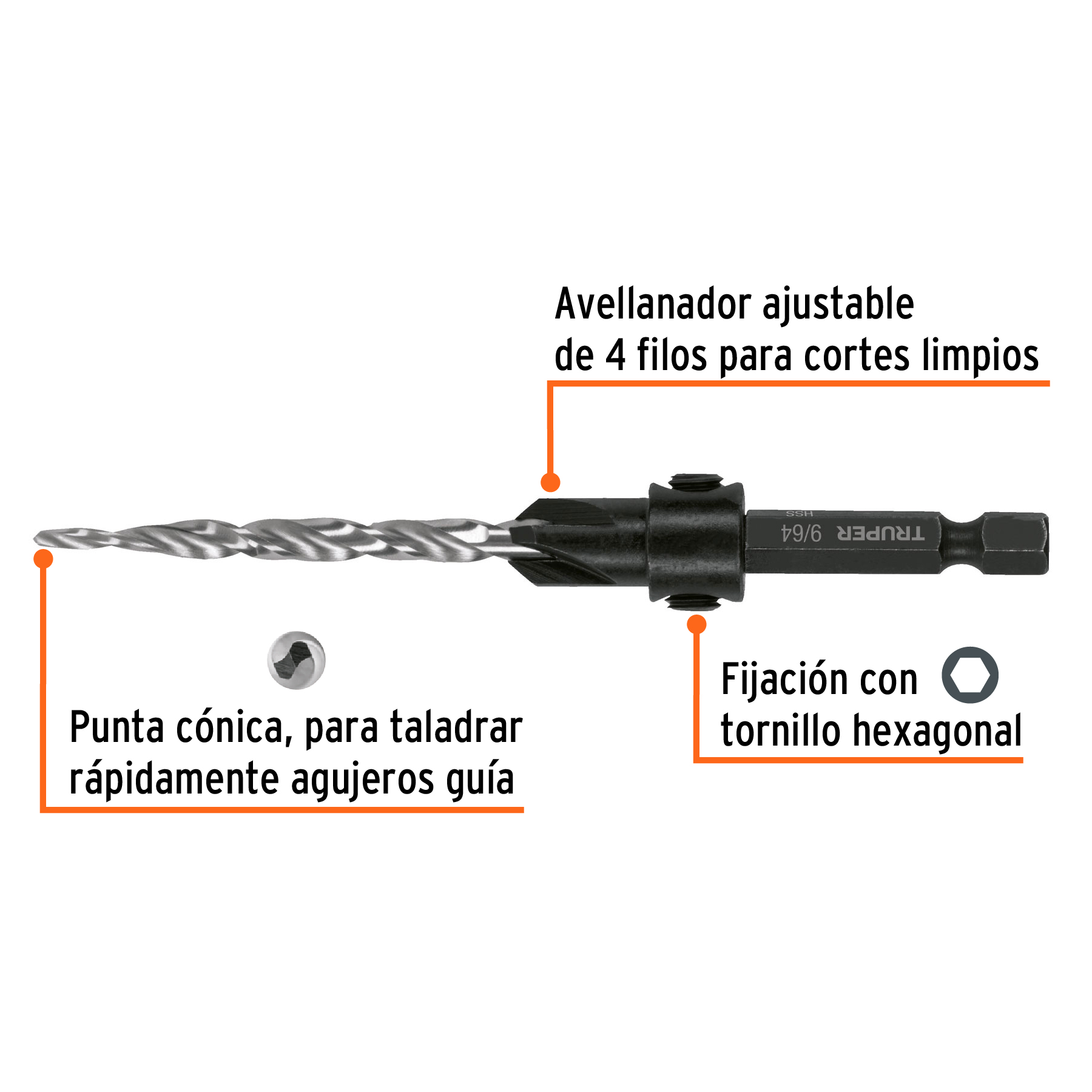Broca avellanadora #10 para madera 3/16" Truper - Imagen 3