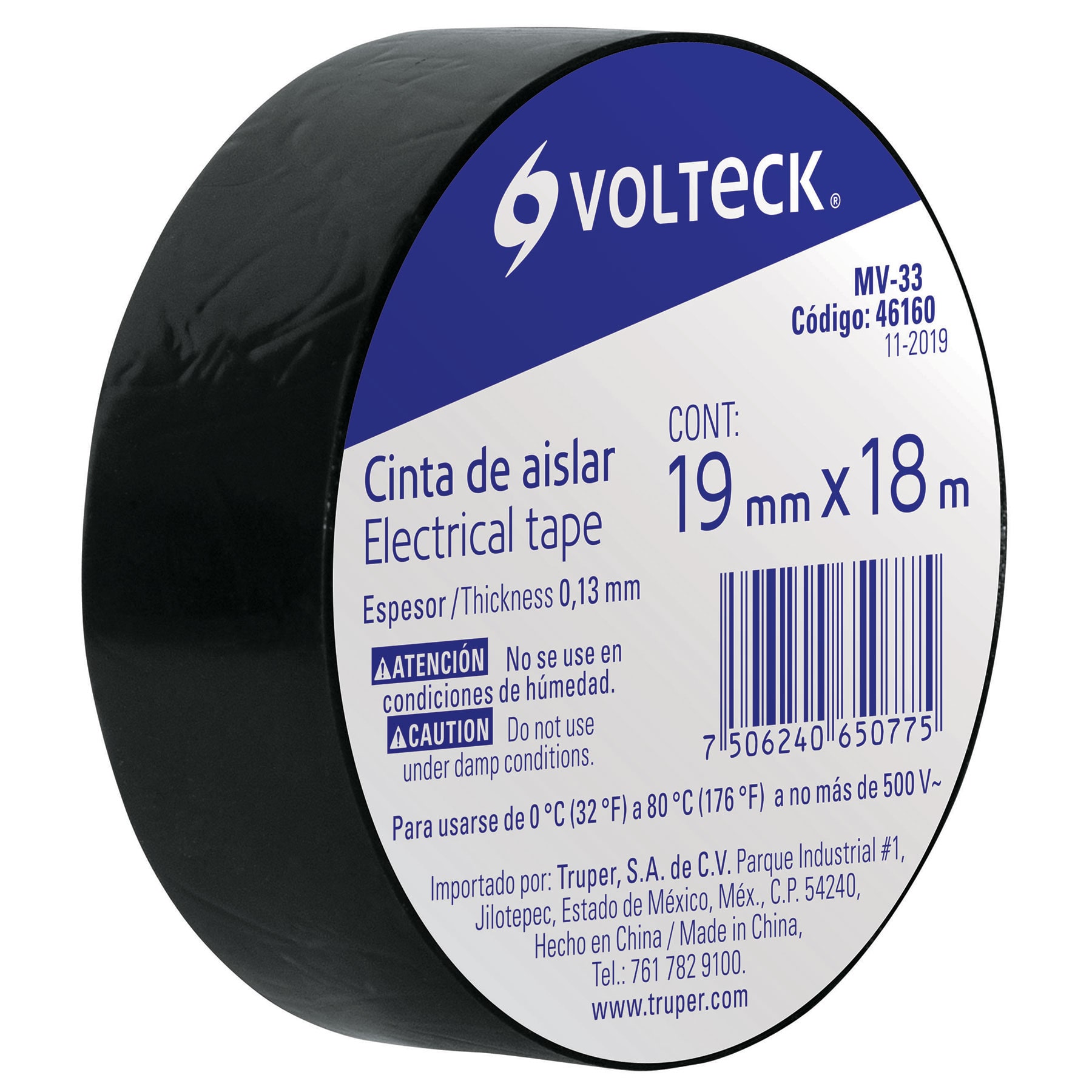 Cinta de aislar negra de 18 m x 19 mm
