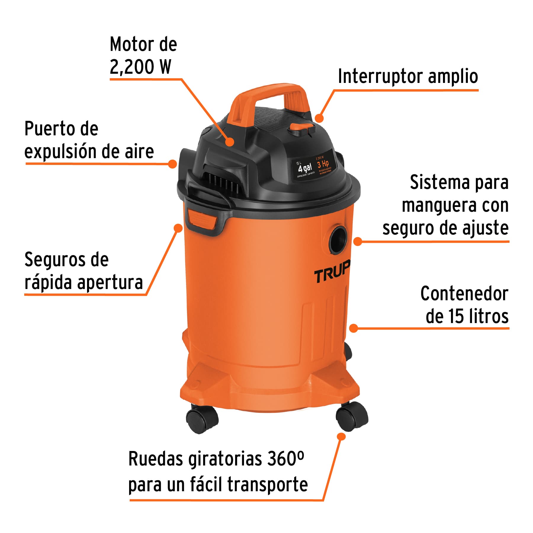 Aspiradora de sólidos y líquidos de 4 gal plástica Truper - Imagen 3
