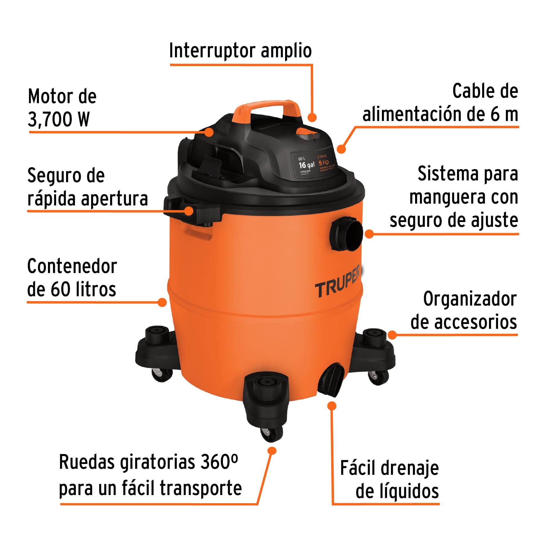 Aspiradora de sólidos y líquidos de 16 gal plástica Truper - Imagen 3