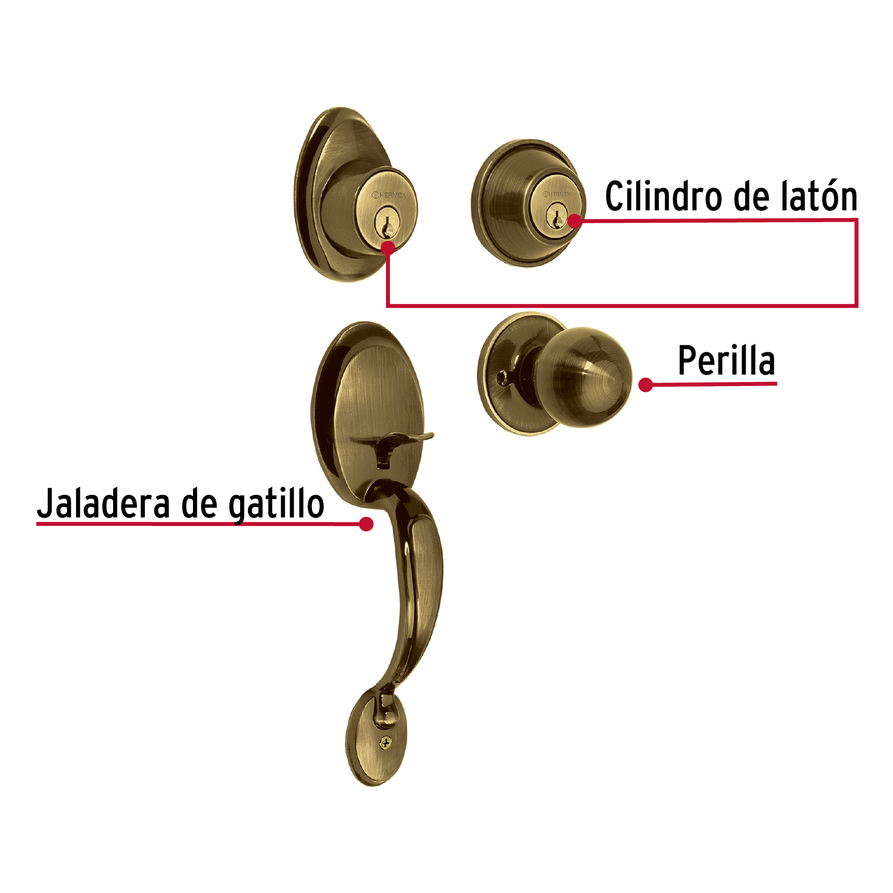Jaladera perilla y cerrojo llave latón antiguo Hermex - Imagen 4