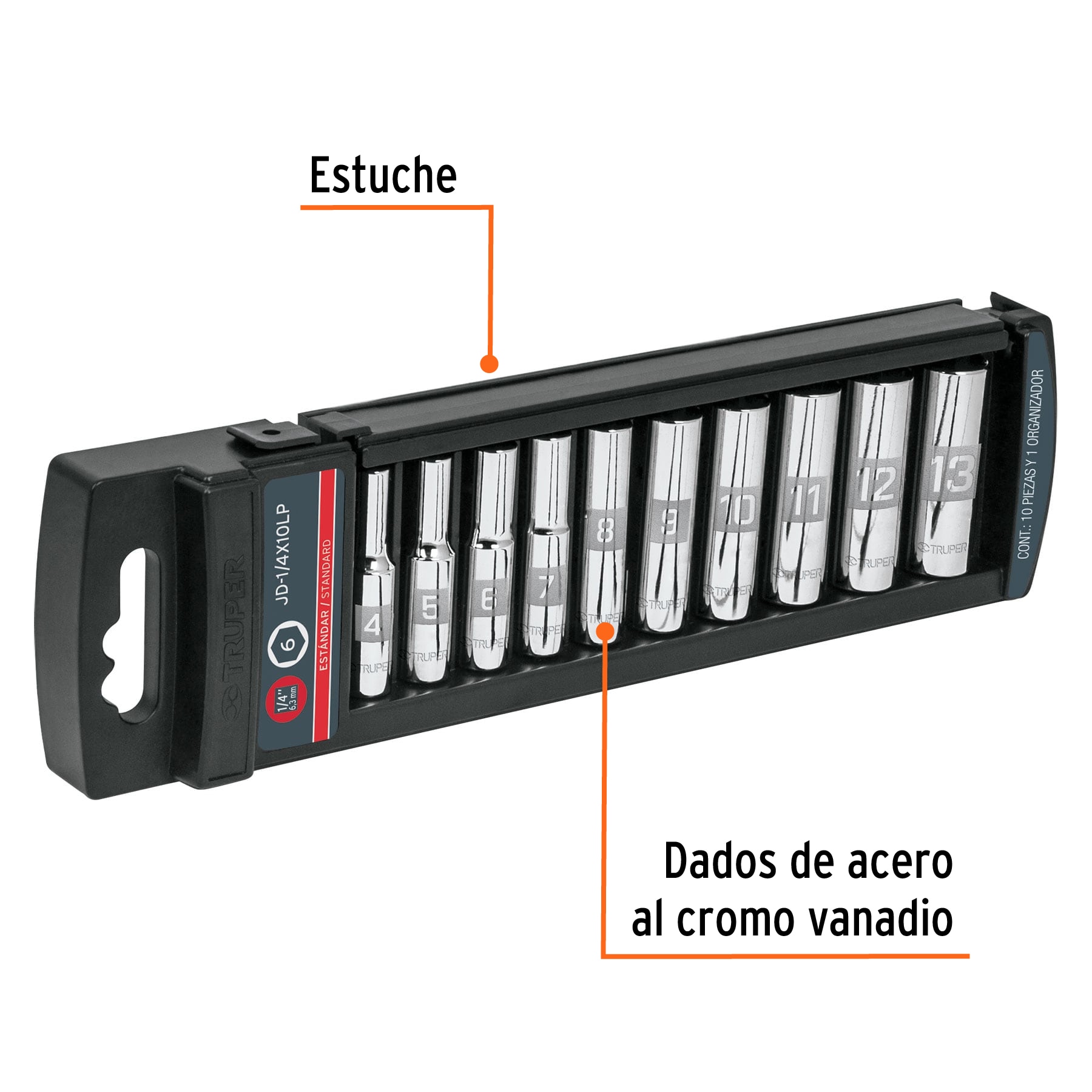 Juego de 10 copas largas raíz 1/4" std, Truper - Imagen 2