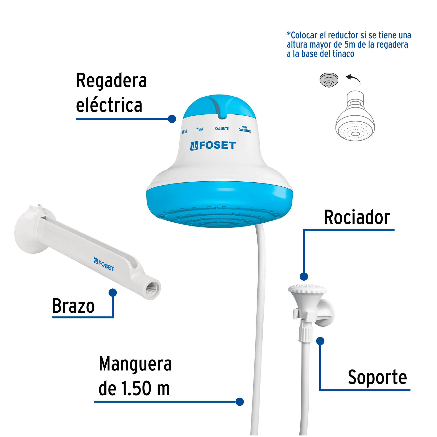 Regadera eléctrica 4 temperaturas 6-1/2" Azul Foset - Imagen 3