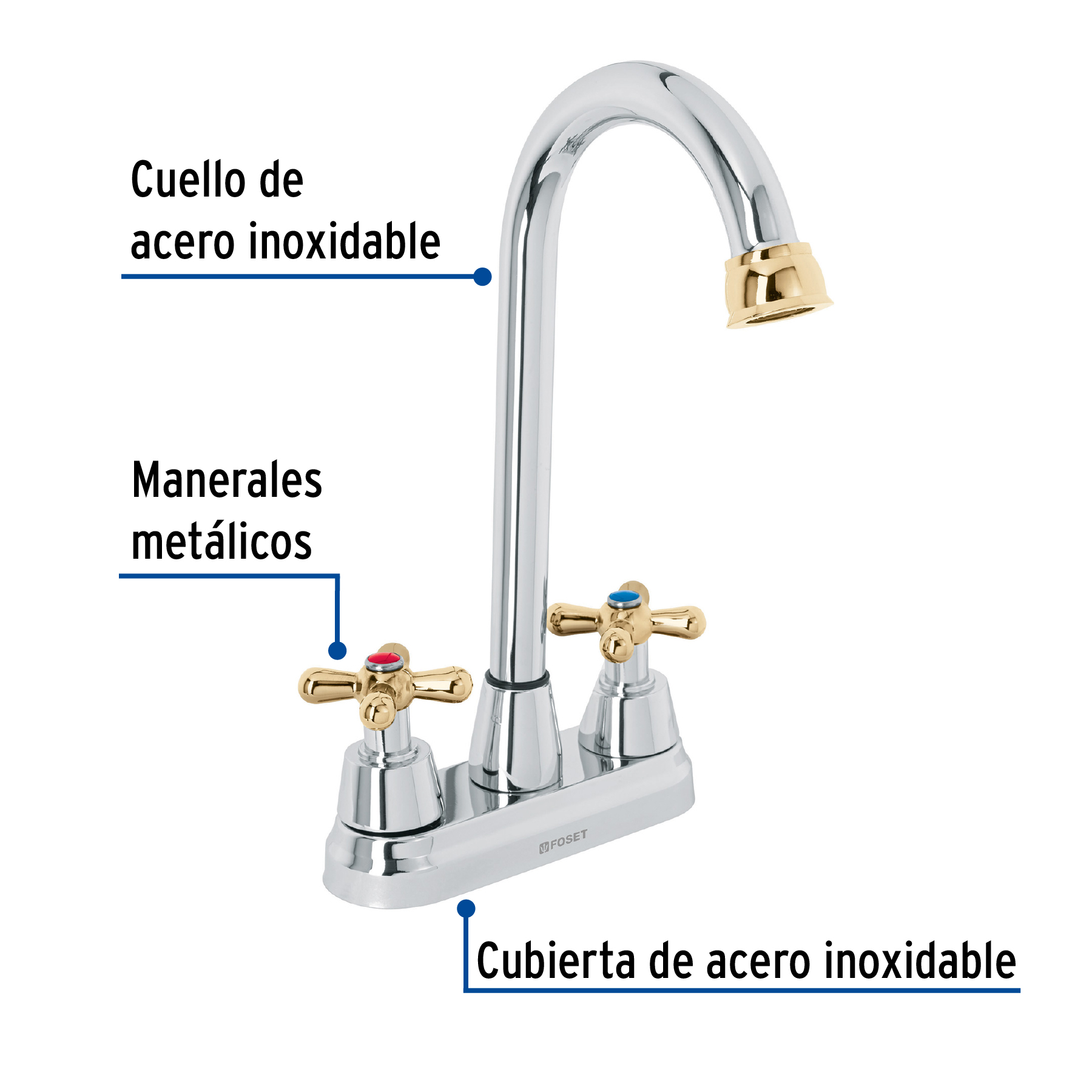 Mezcladora cromo-oro 4" p/lavabo tipo bar cruceta - Imagen 3