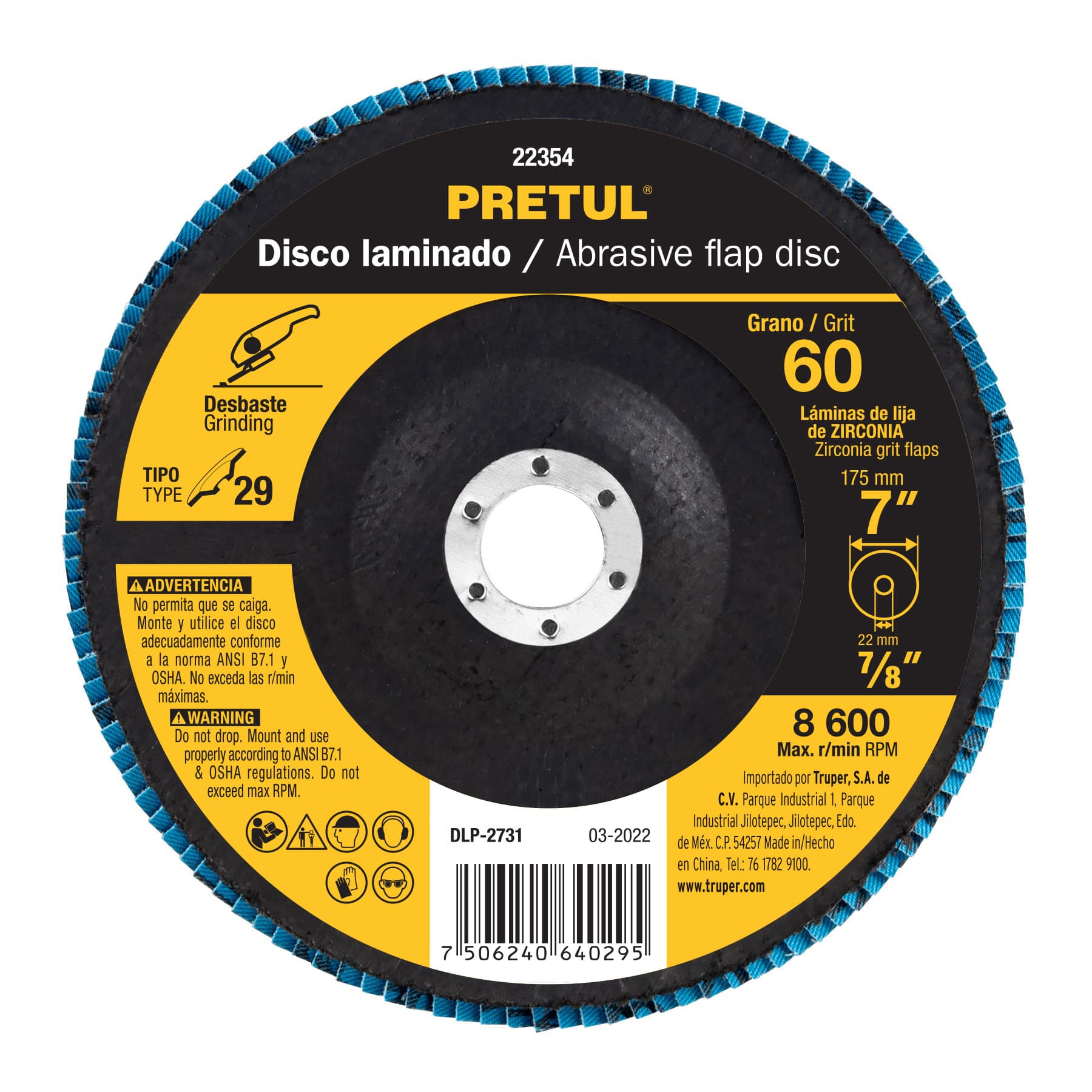Disco 7" laminado grano 60 centro 7/8" Pretul