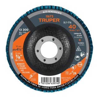 Disco 4-1/2" laminado grano 40 centro 7/8" Truper