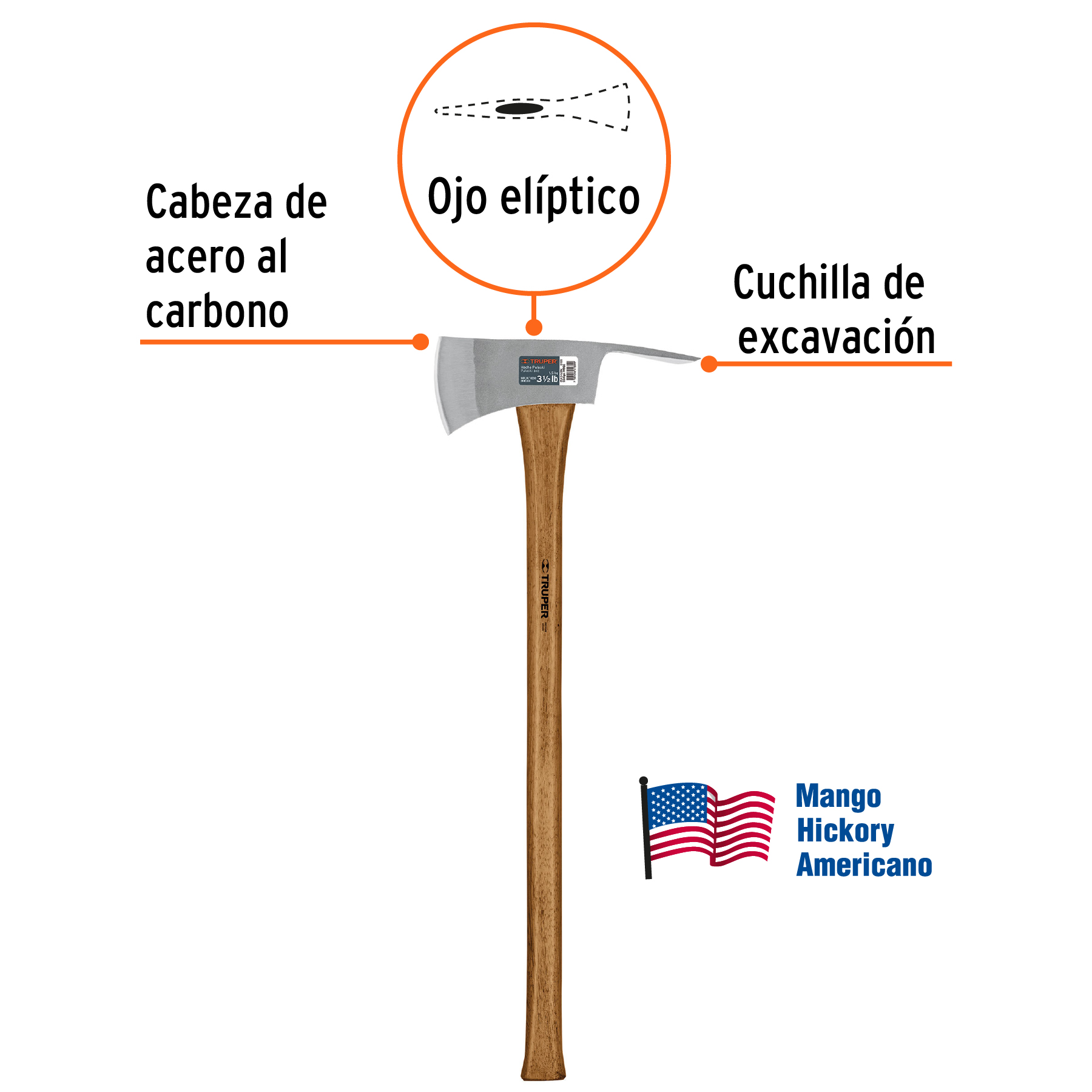 Hacha Pulaski 3-1/2 lb mango de hickory 35" Truper - Imagen 3