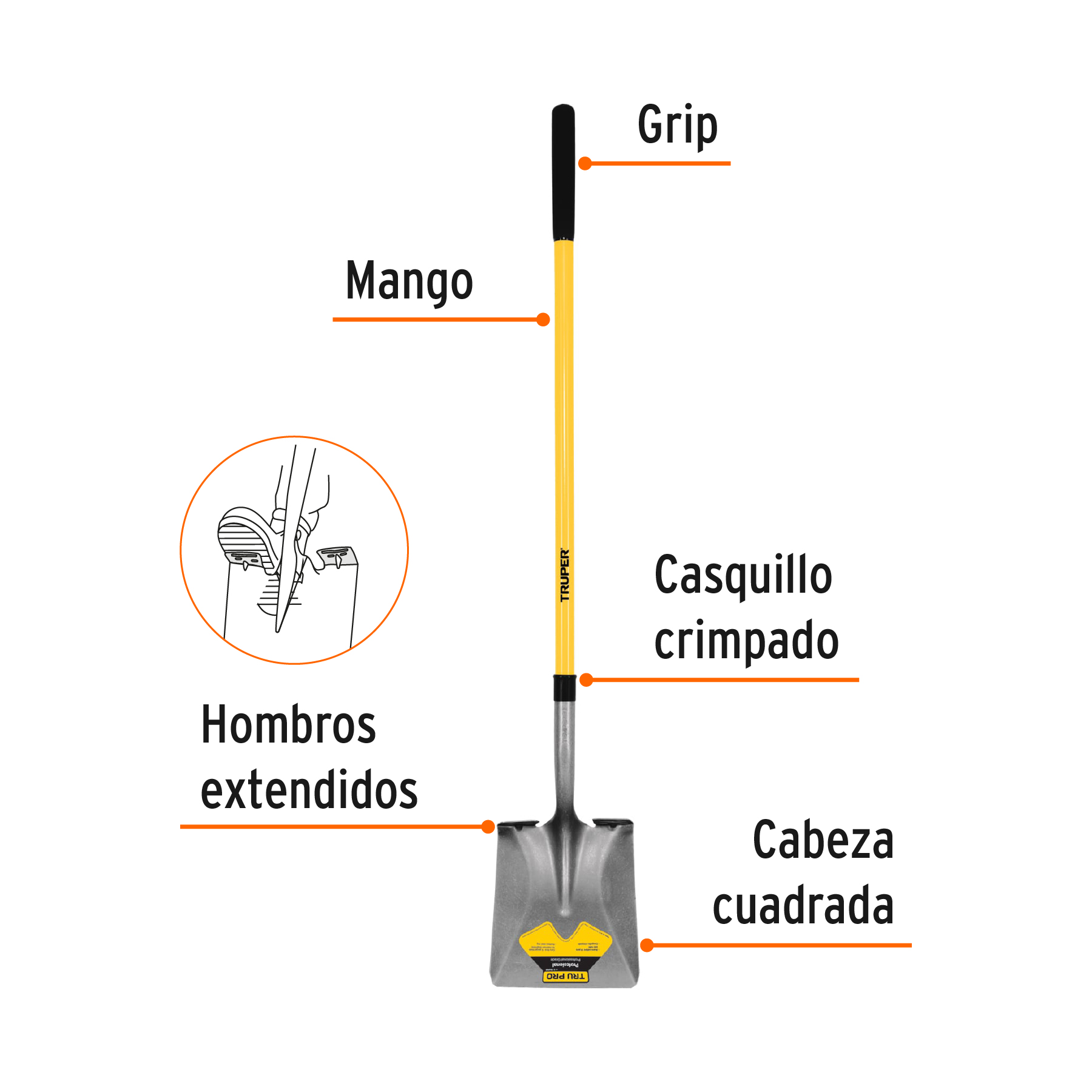 Pala cuadrada Tru Pro mango largo de fibra de vidrio 48" - Imagen 2