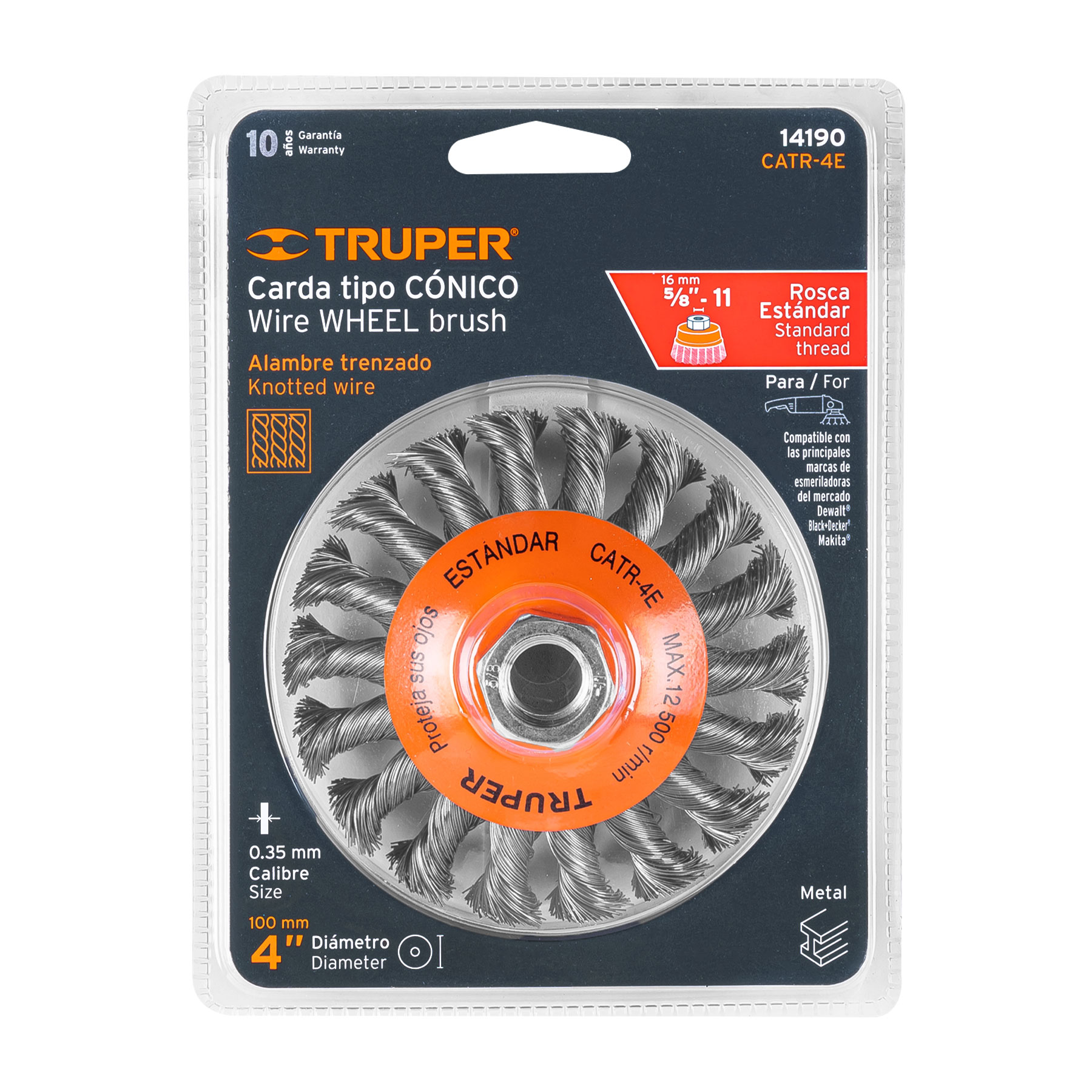 Carda tipo cónico 4" alambre trenzado eje 5/8"-11 Truper - Imagen 2
