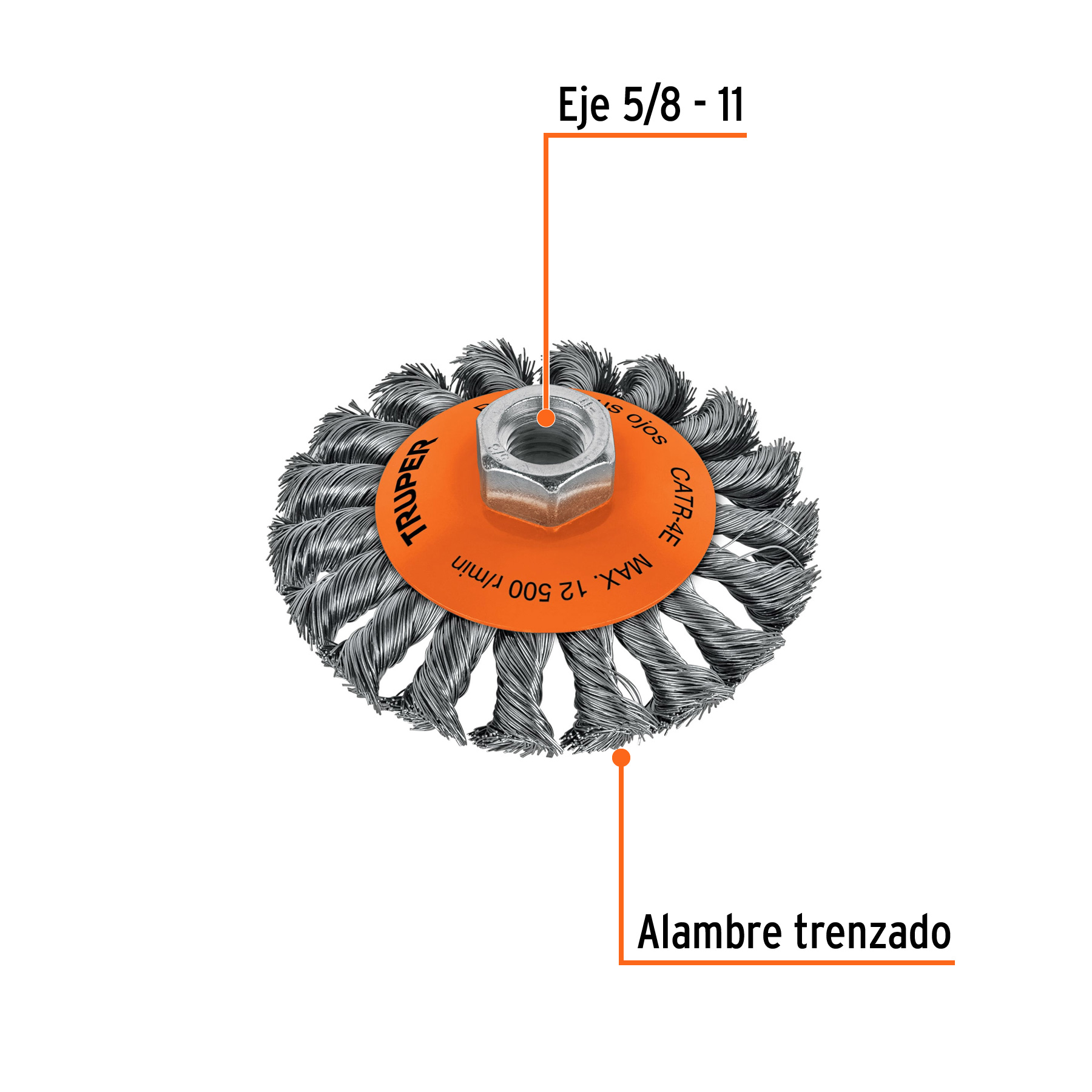 Carda tipo cónico 4" alambre trenzado eje 5/8"-11 Truper - Imagen 3