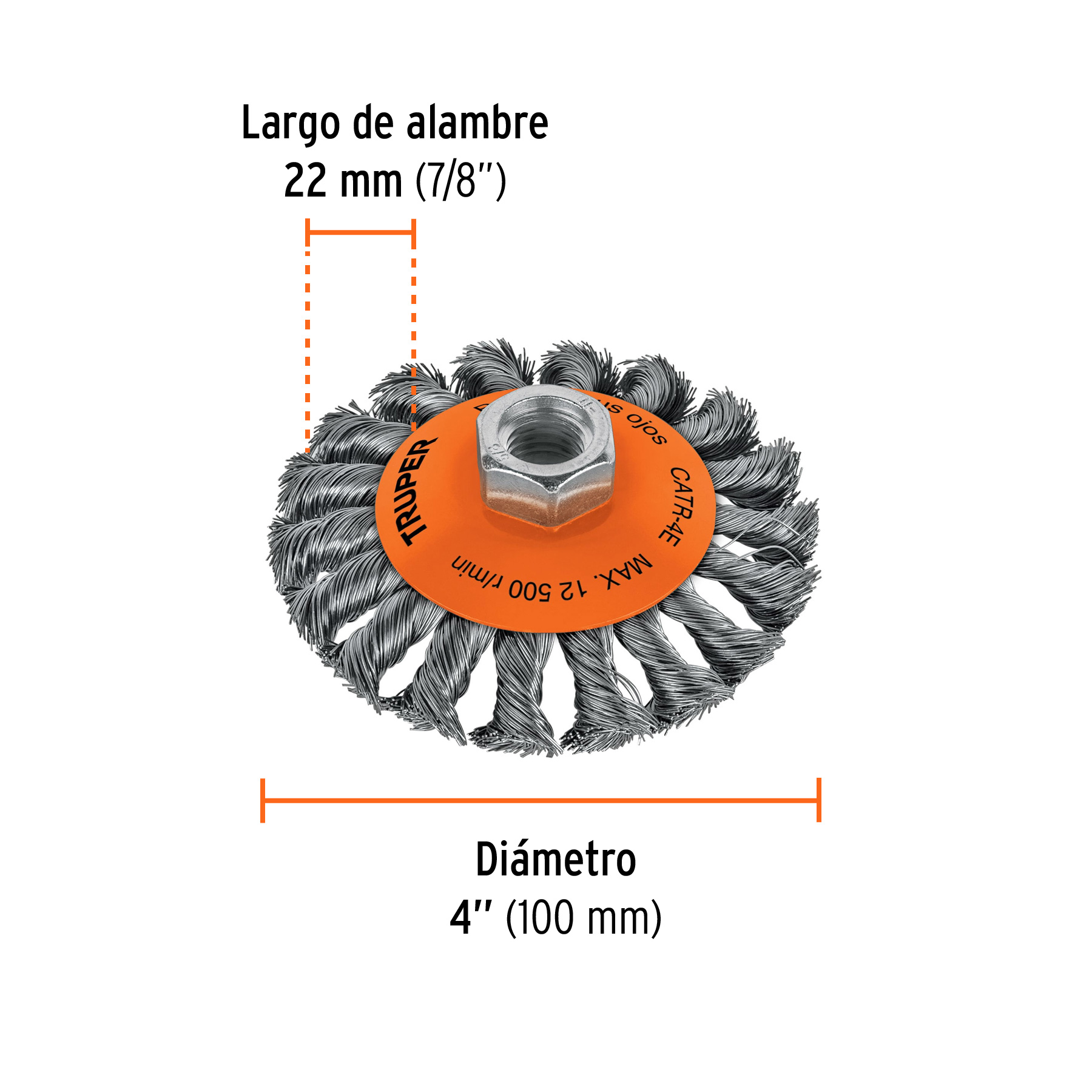 Carda tipo cónico 4" alambre trenzado eje 5/8"-11 Truper - Imagen 4
