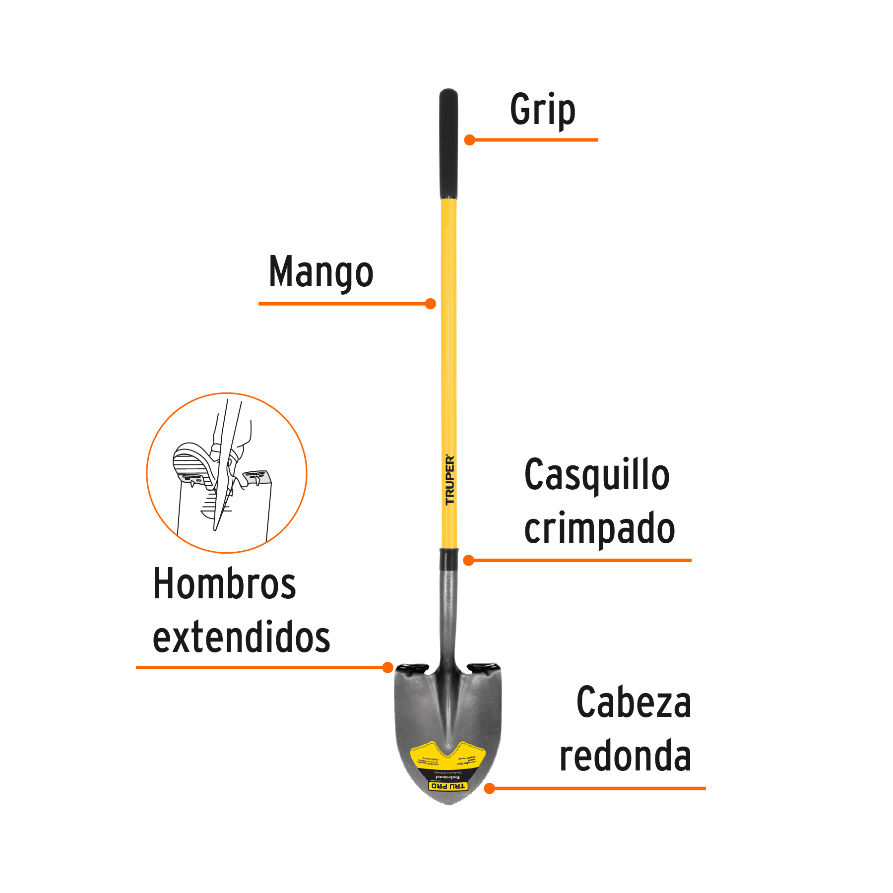 Pala redonda Tru Pro mango largo de fibra de vidrio 48" - Imagen 2