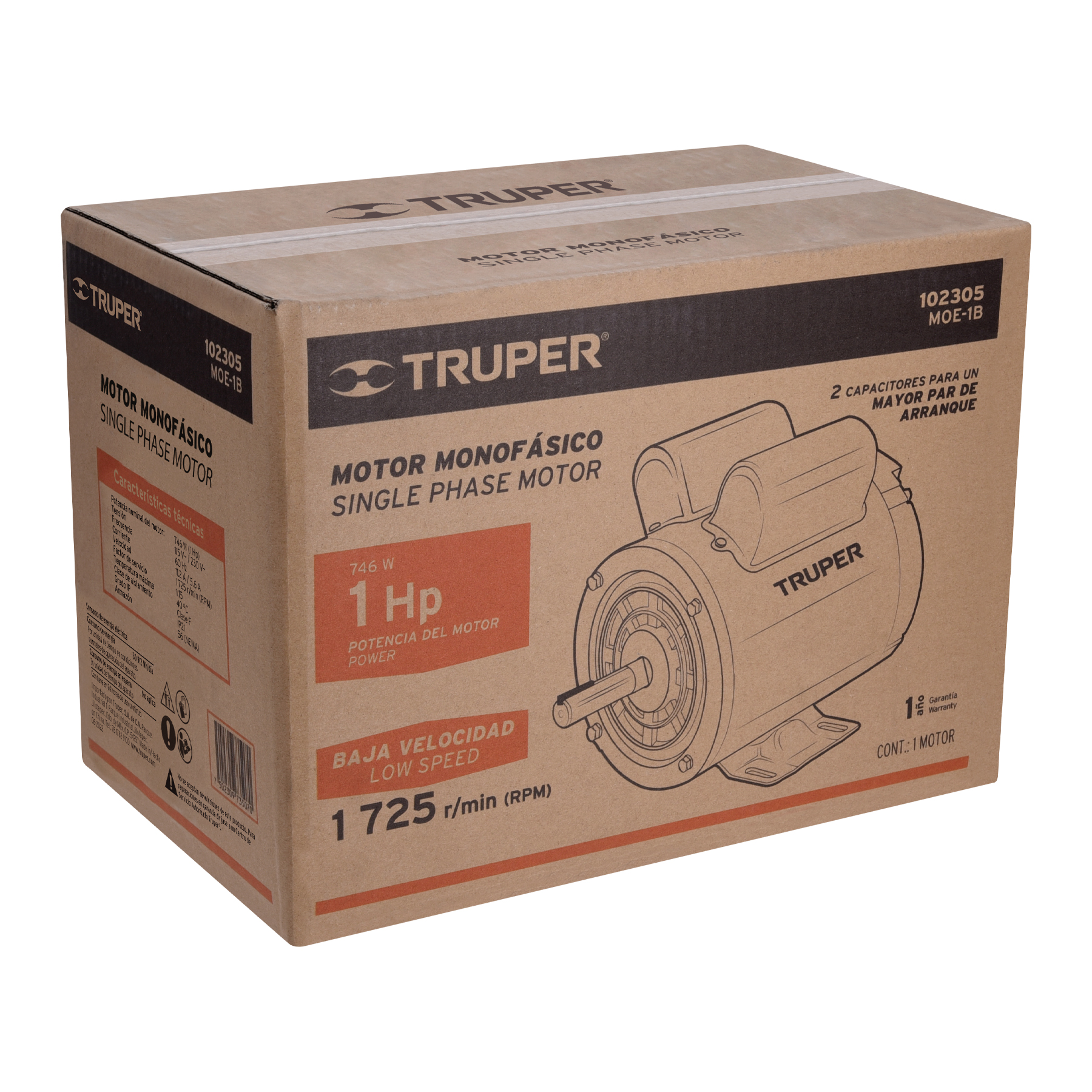 Motor eléctrico monofásico de 1 HP baja velocidad Truper - Imagen 2