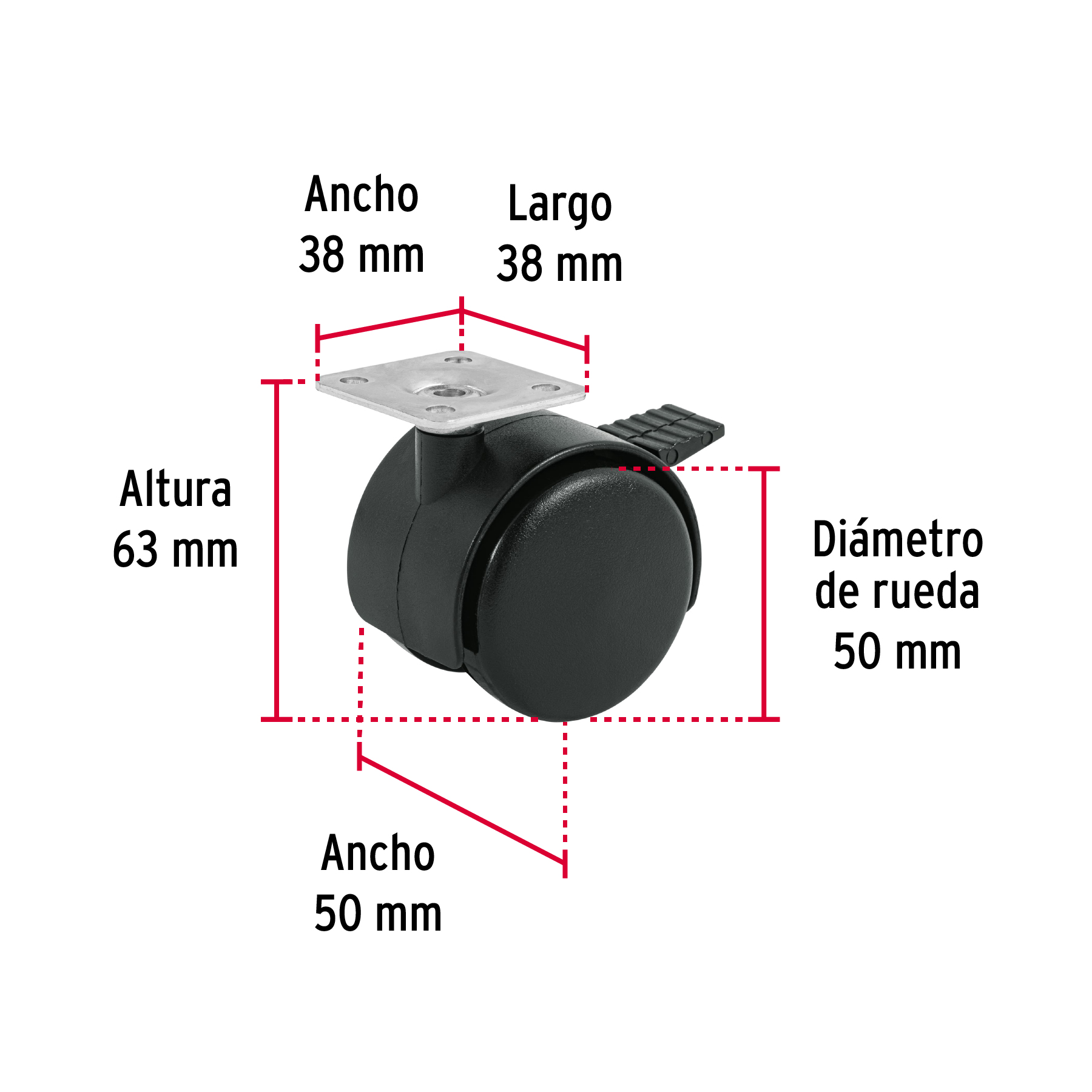 Rueda tipo yoyo de 50 mm con placa con freno Fiero - Imagen 3