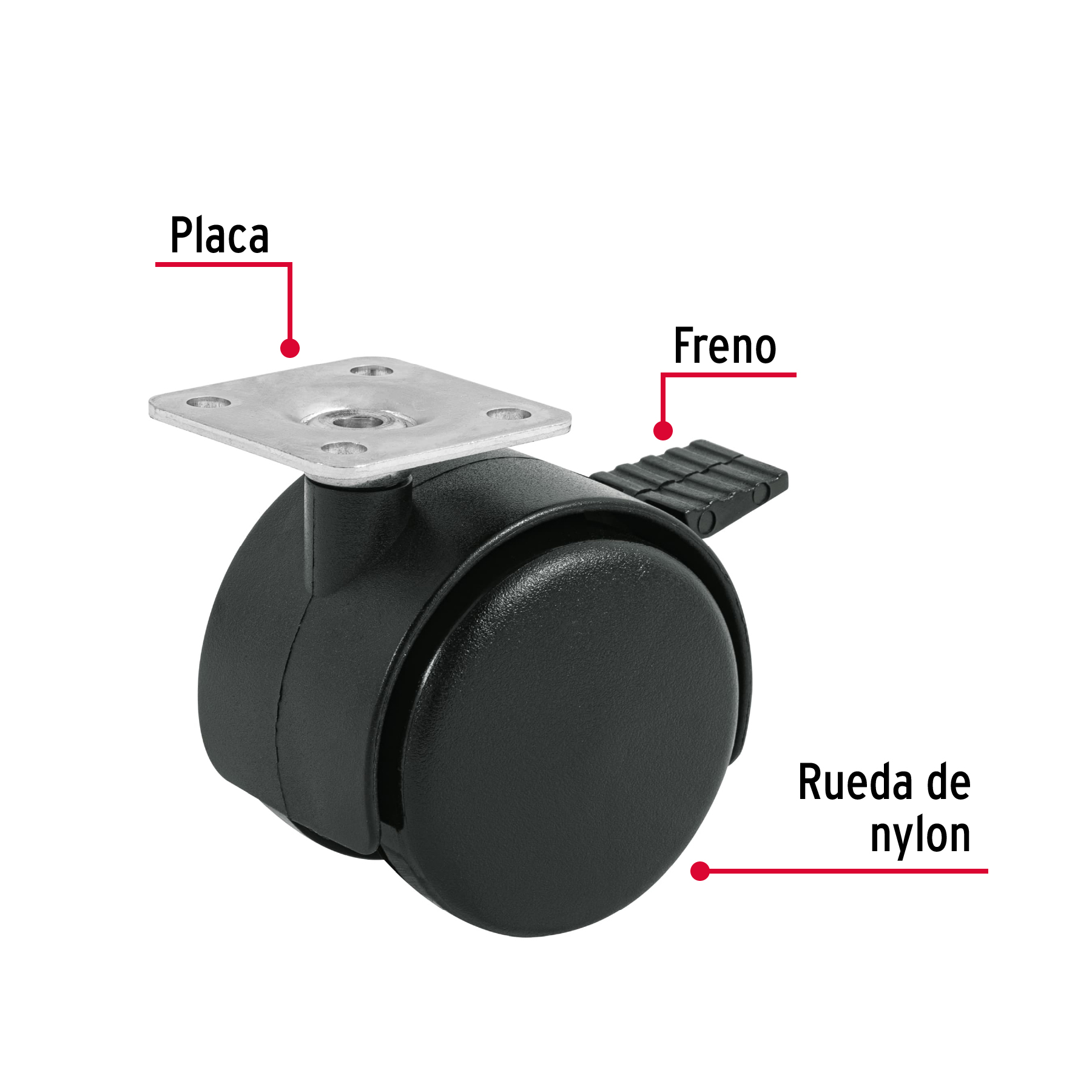 Rueda tipo yoyo de 50 mm con placa con freno Fiero - Imagen 2