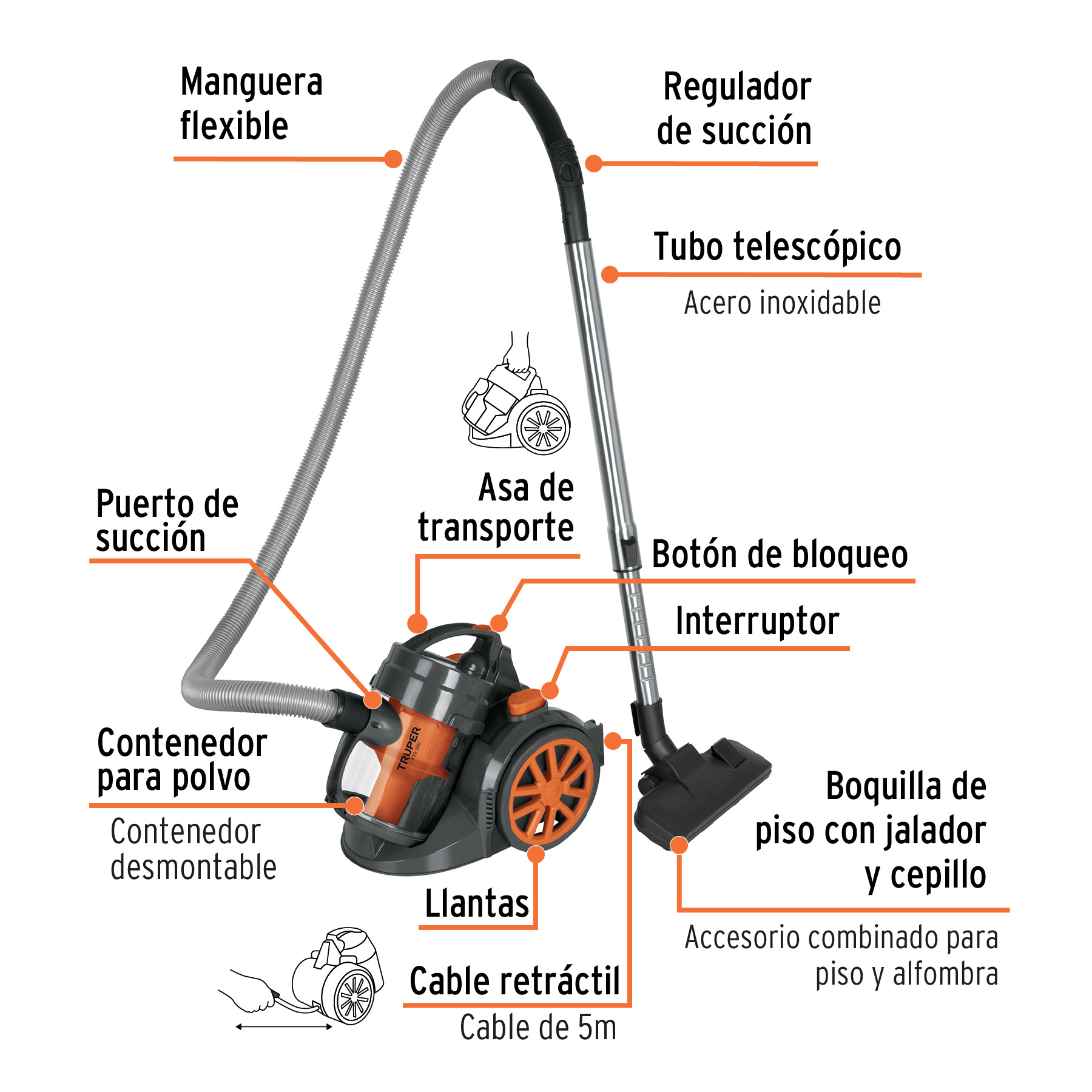 Aspiradora canister 2 L 1200 W (1.6 Hp) TRUPER - Imagen 3