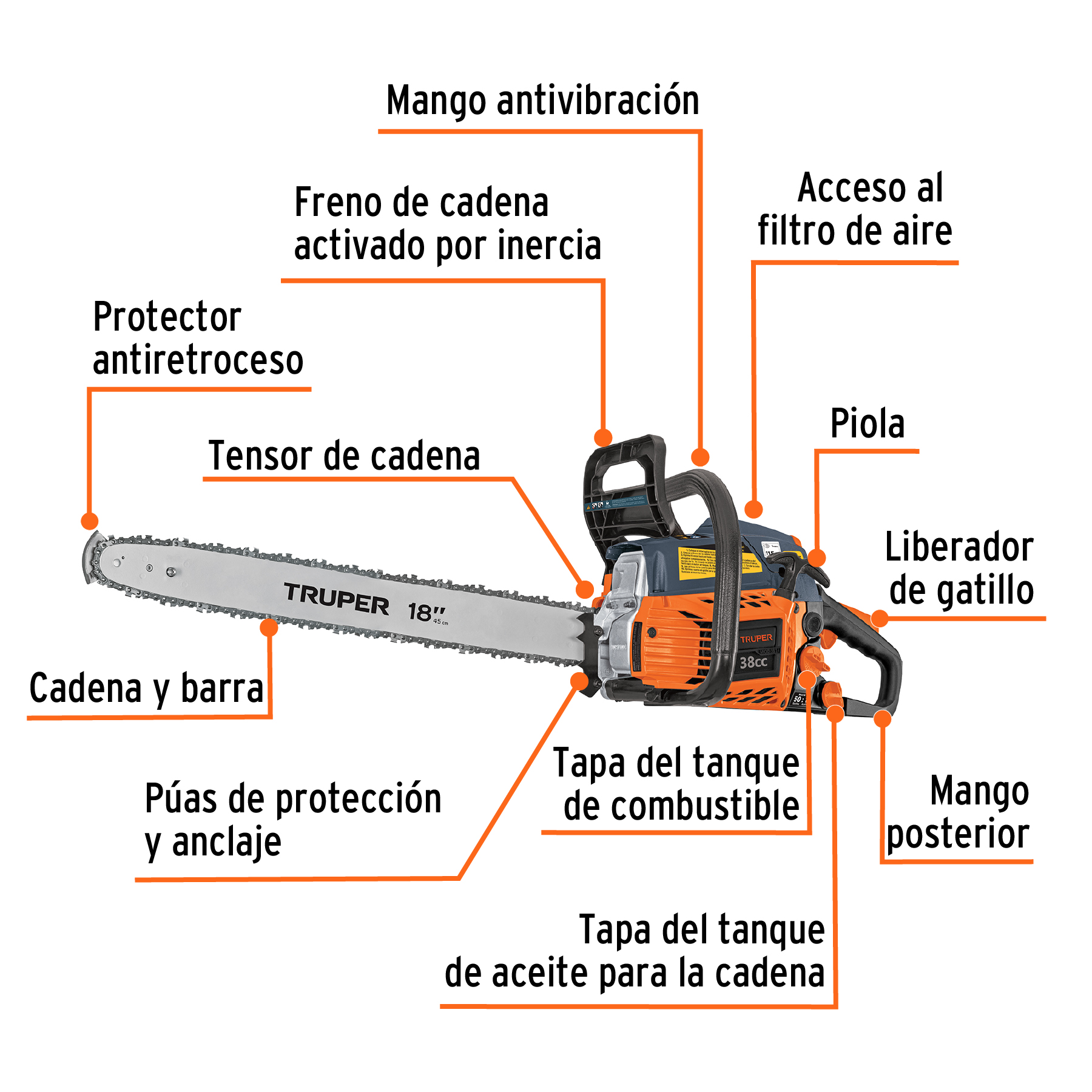 Motosierra 38 cc a gasolina con barra de 18" Truper - Imagen 4