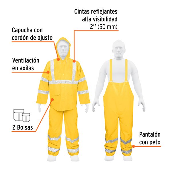 Conjunto impermeable doble capa amarillo con reflejante talla M - Imagen 2