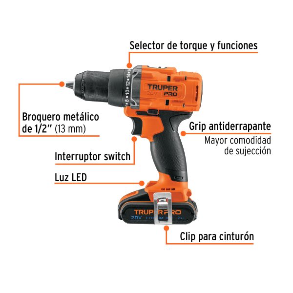 Taladro 1/2" 20V 1 batería 2Ah TRUPER PRO - Imagen 3